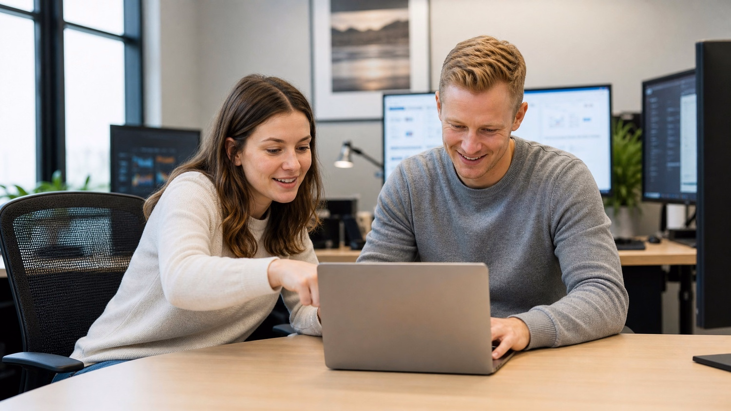 Two colleagues collaborating on laptop at desk