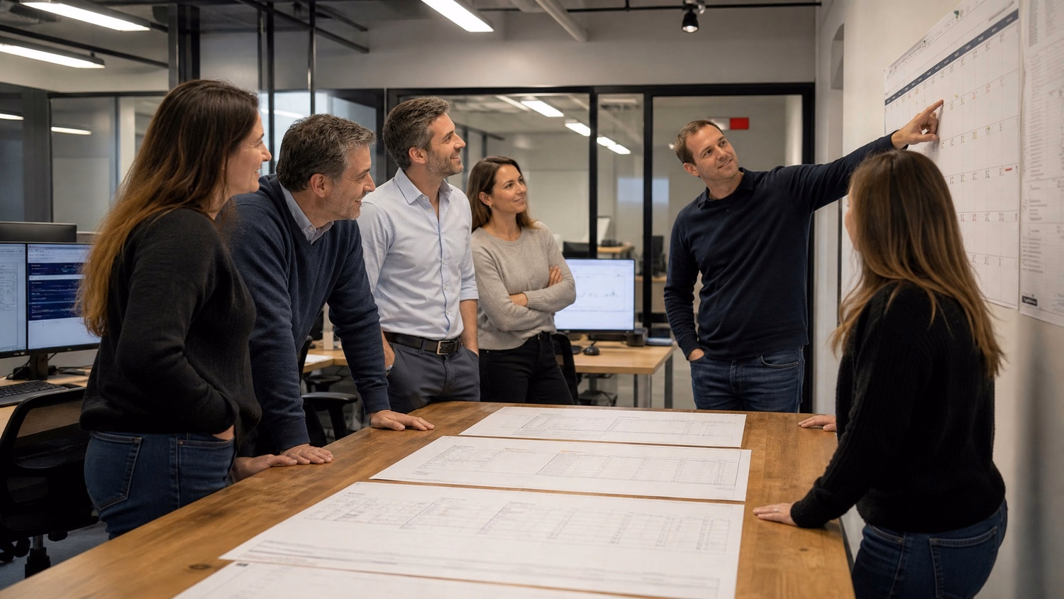 Team planning IT roadmap with project timeline printouts