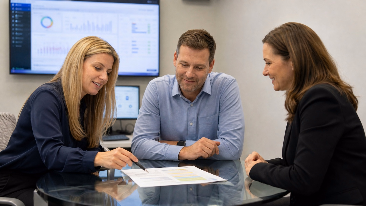 Three professionals discuss IT roadmap document at conference table 71