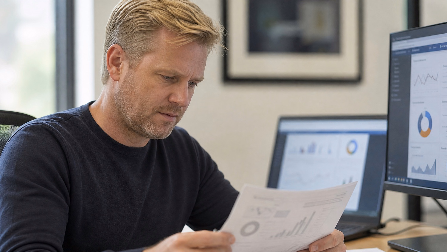 Man, early 40s, reviewing printed report at desk 66