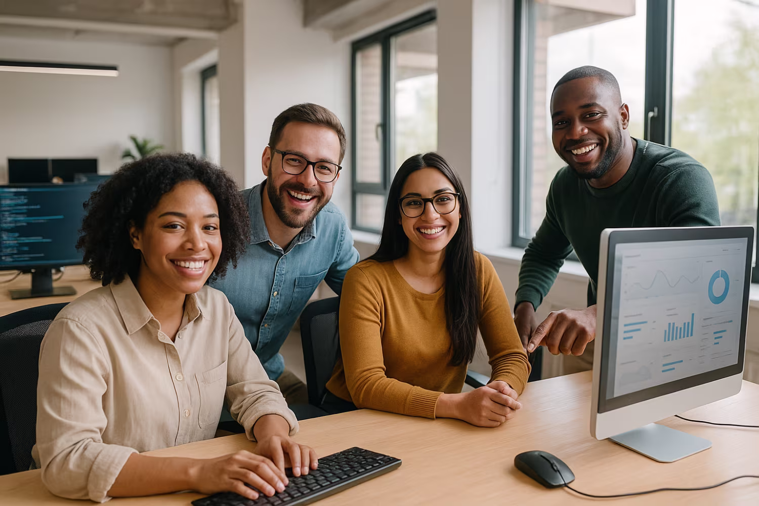 Diverse professionals in co-managed IT solutions office