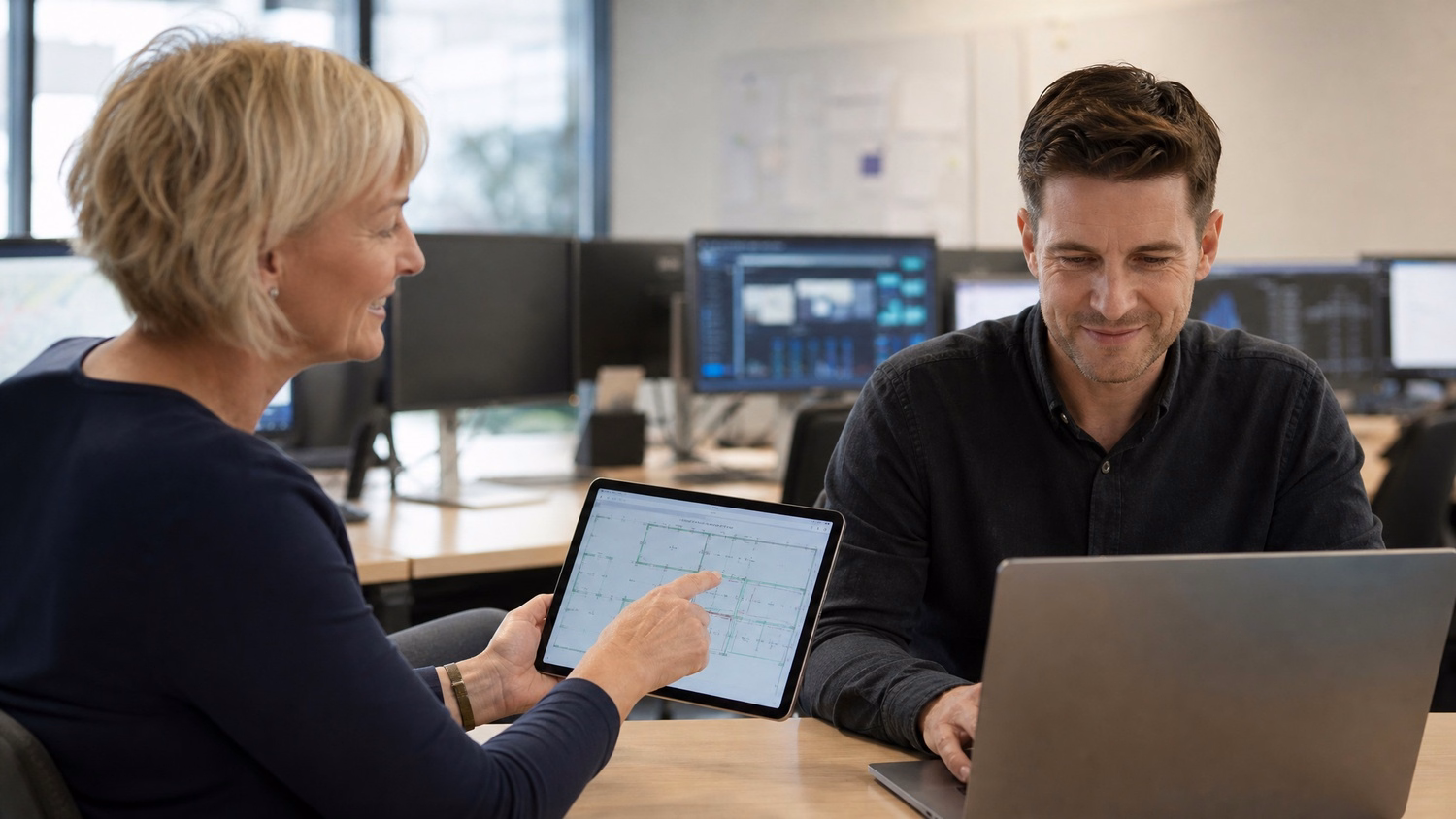 Man in cubicle reviews data logs on monitor
