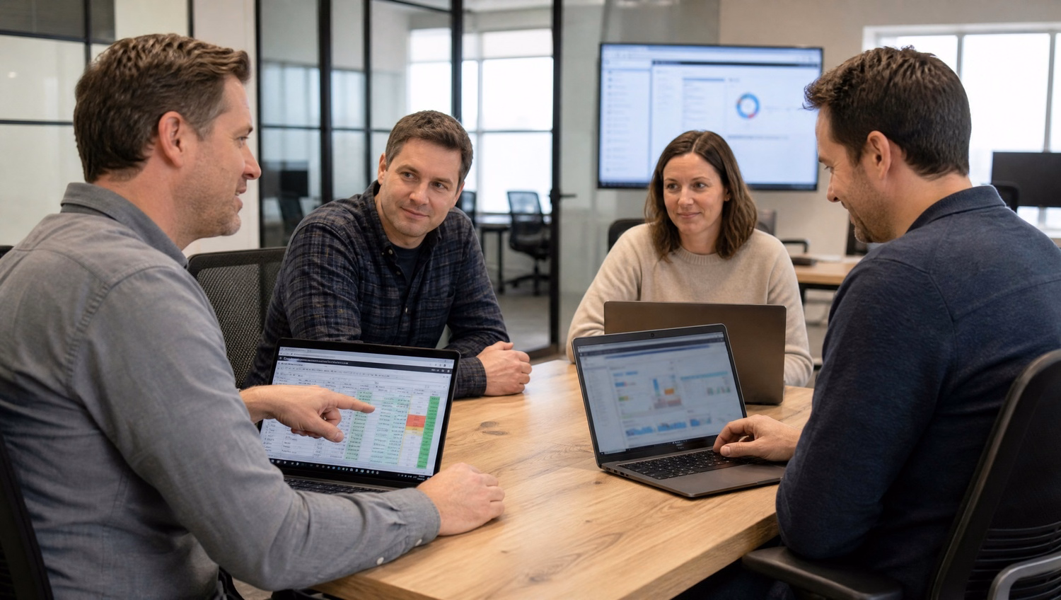 People reviewing hurricane plan at breakout table with laptop