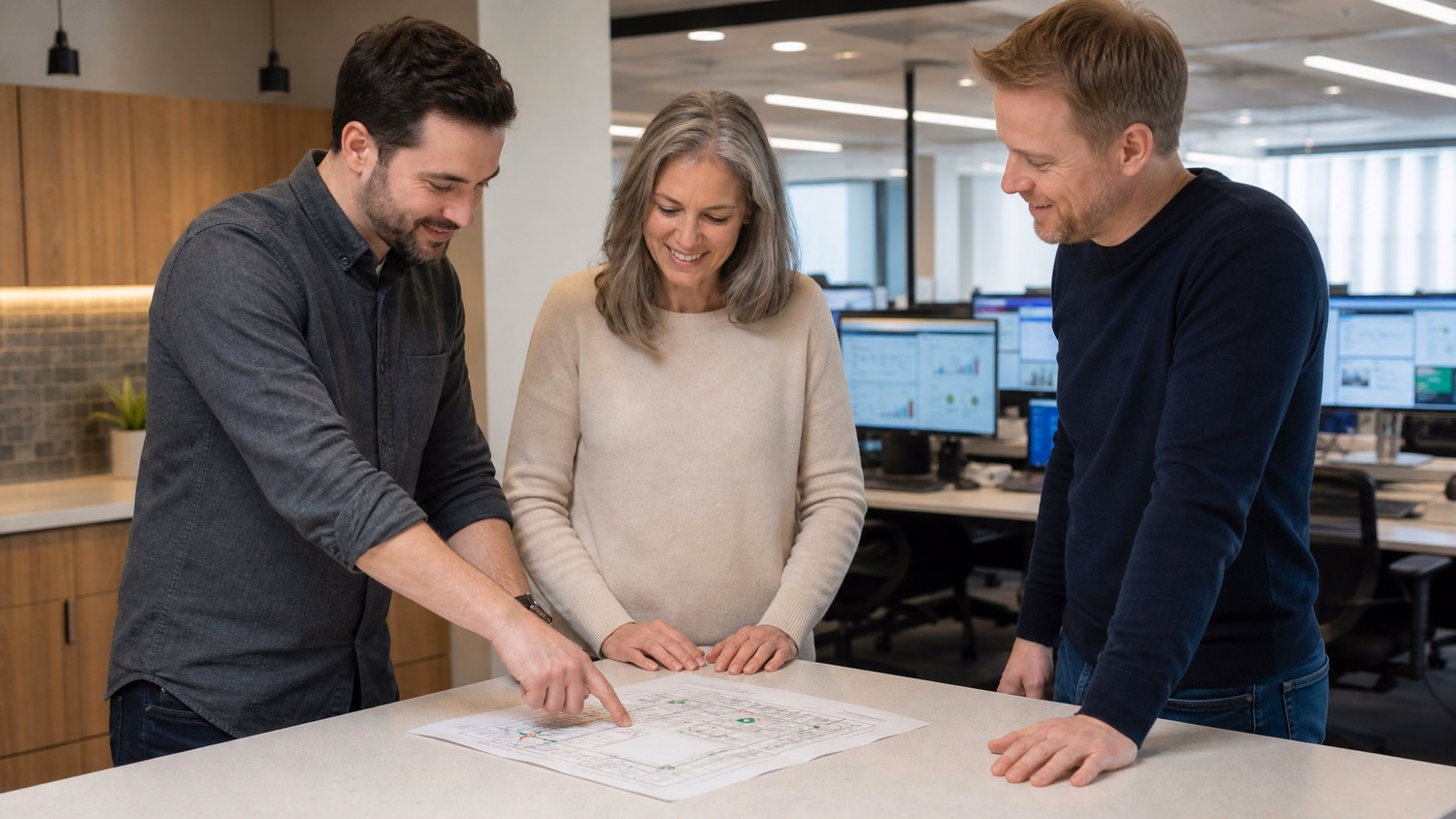 Office team discusses evacuation map in kitchen huddle