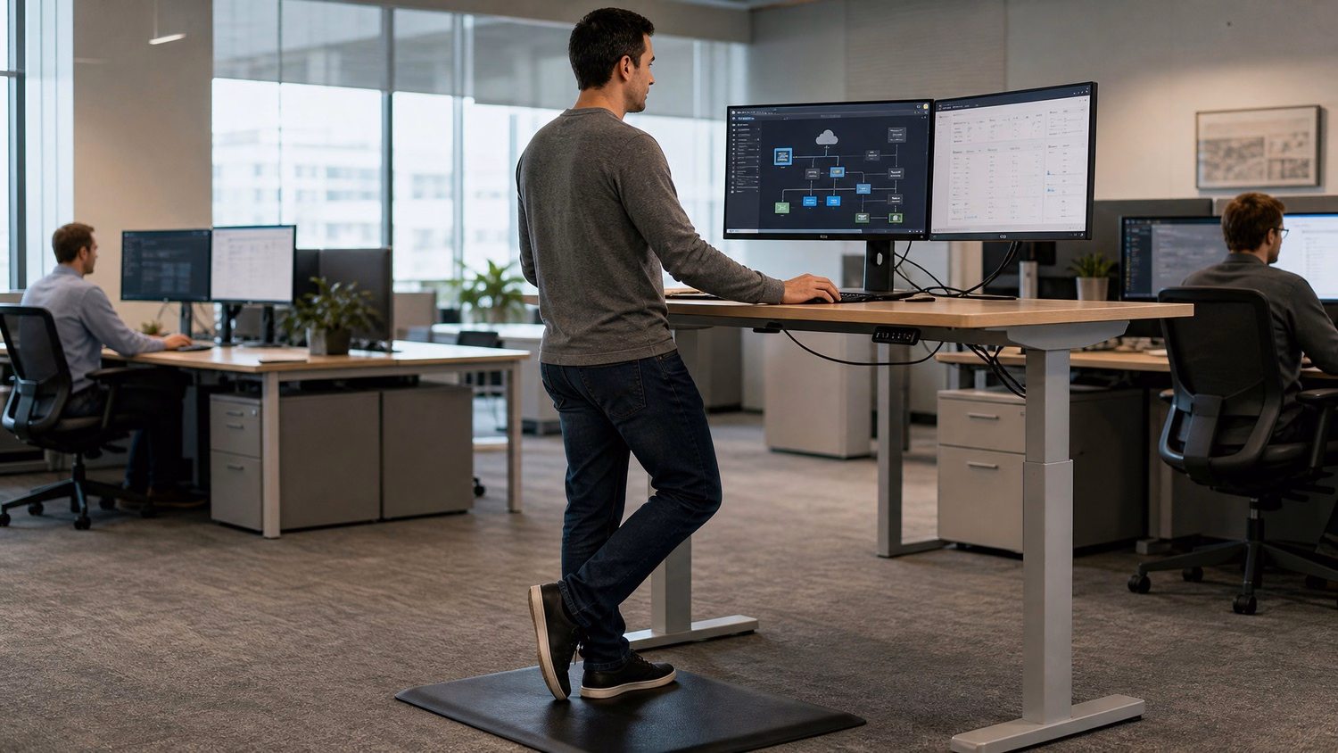 Man reviews cloud diagram at standing desk, anti-fatigue mat 73