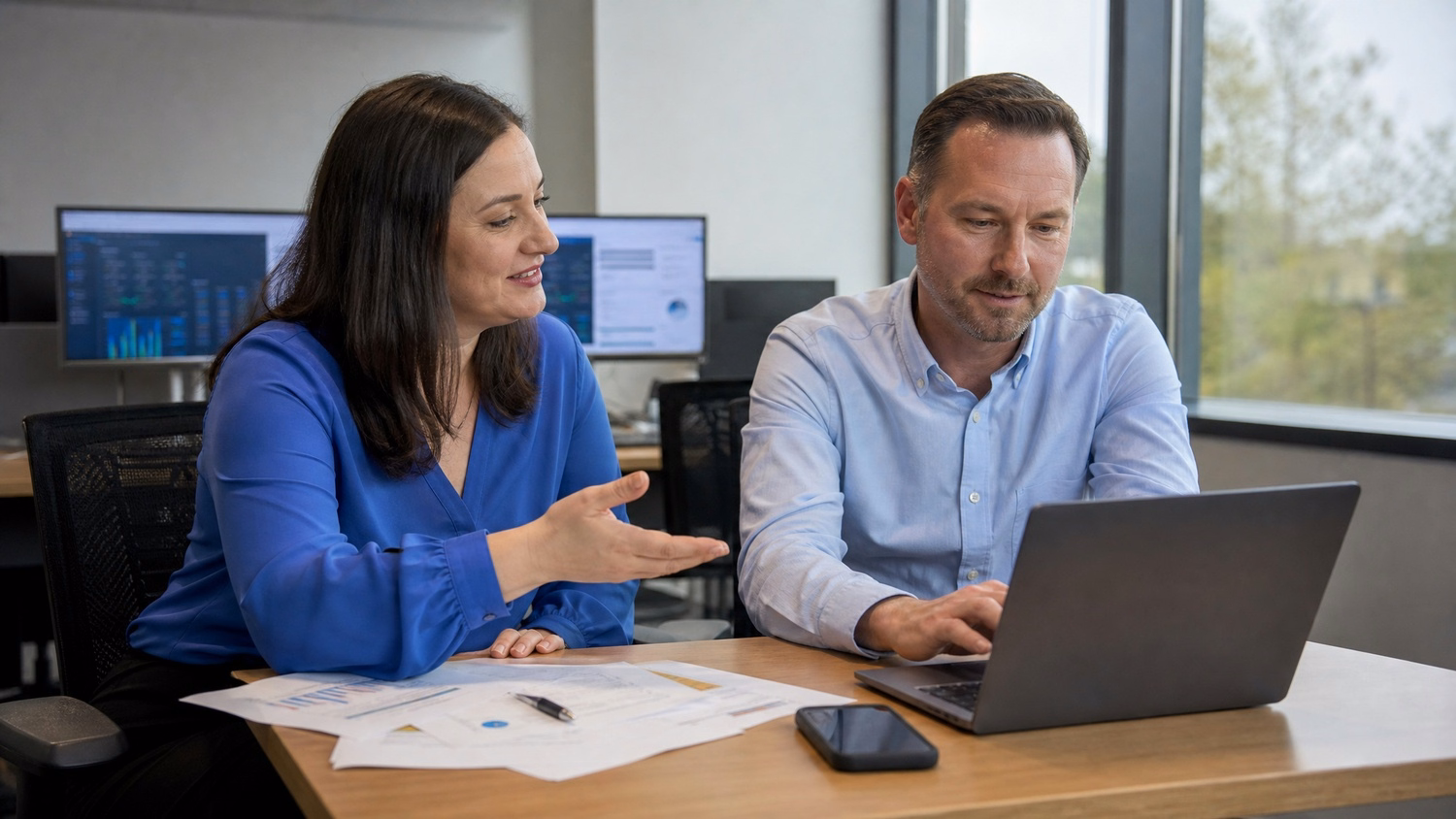 Business professionals review report at meeting table 59 chars