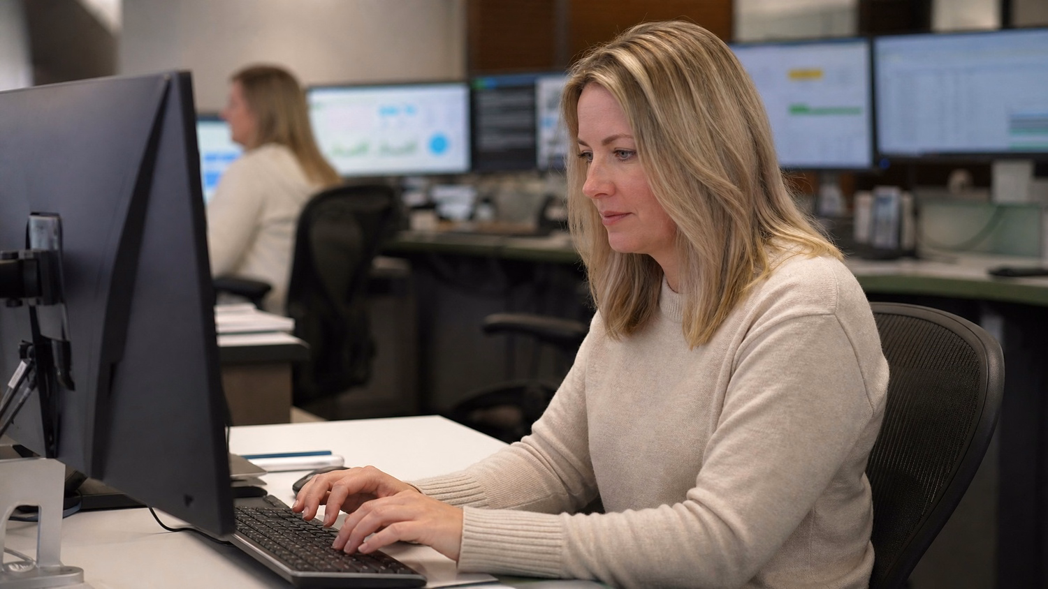 Man reviewing document and computer screen at desk