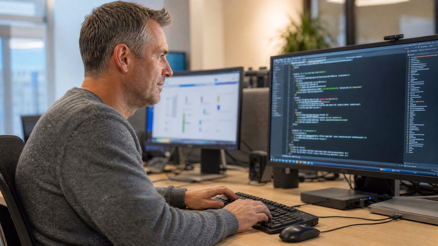 Man types terminal commands on computer monitor, morning light 68