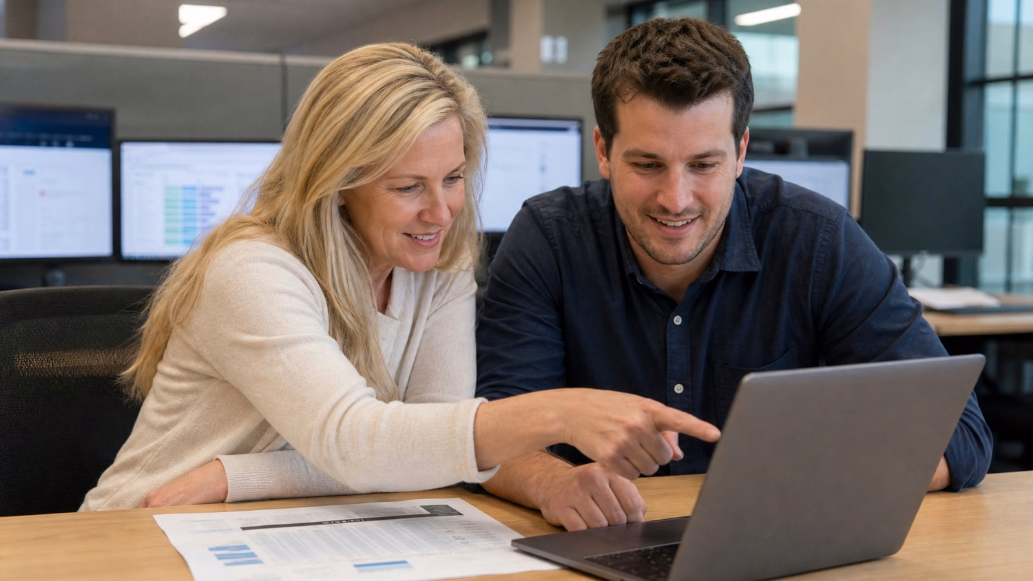 Colleagues review VoIP feature comparison charts on laptop