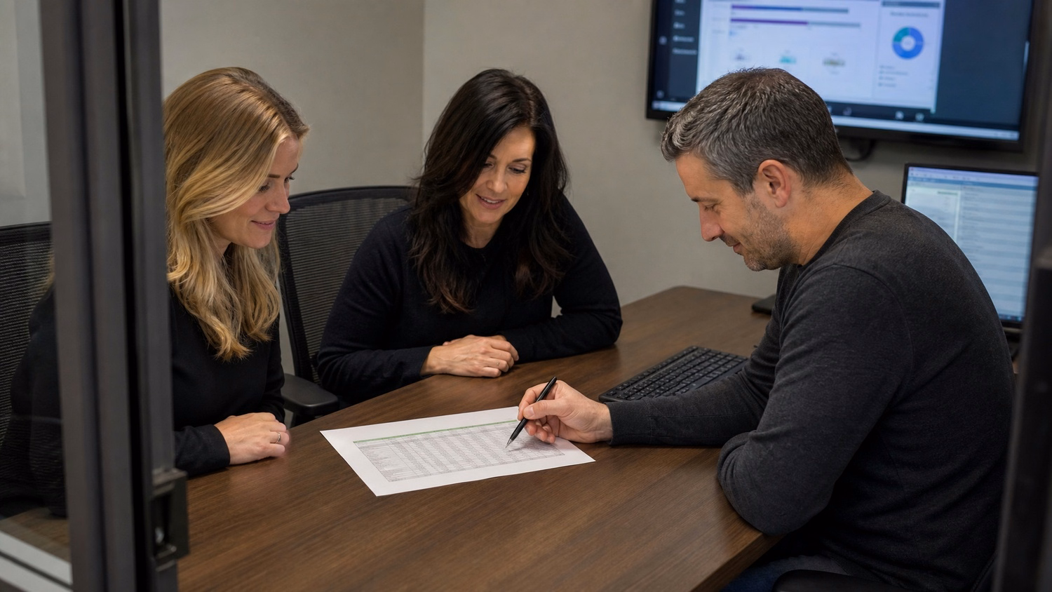 Colleagues in glass conference room discuss VoIP technology