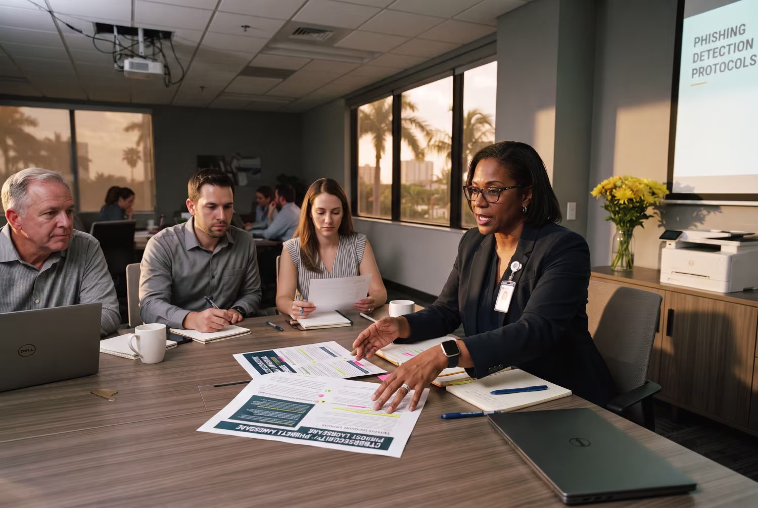 IT professionals discussing phishing prevention best practices in office