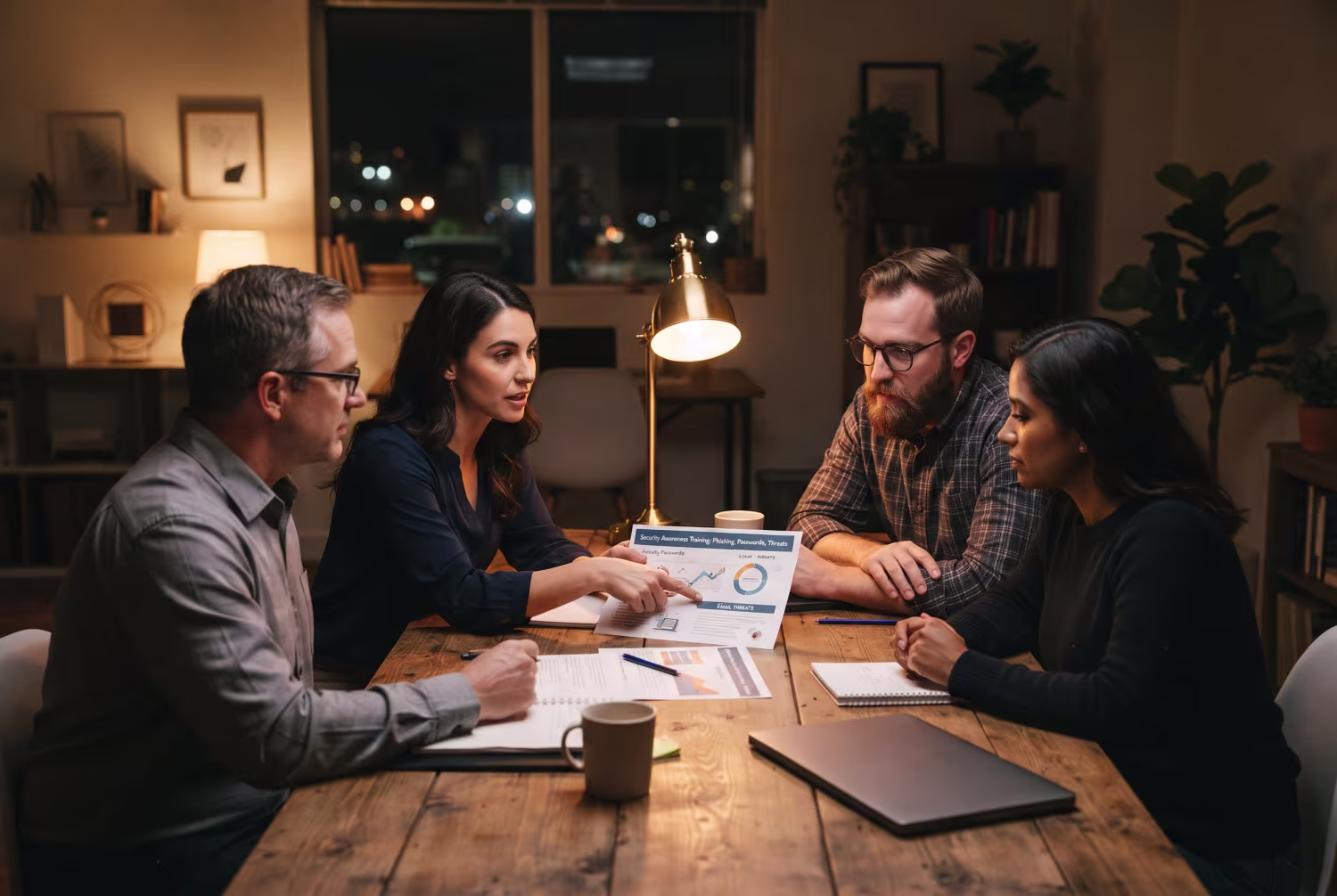 Employees discussing security awareness training topics after hours