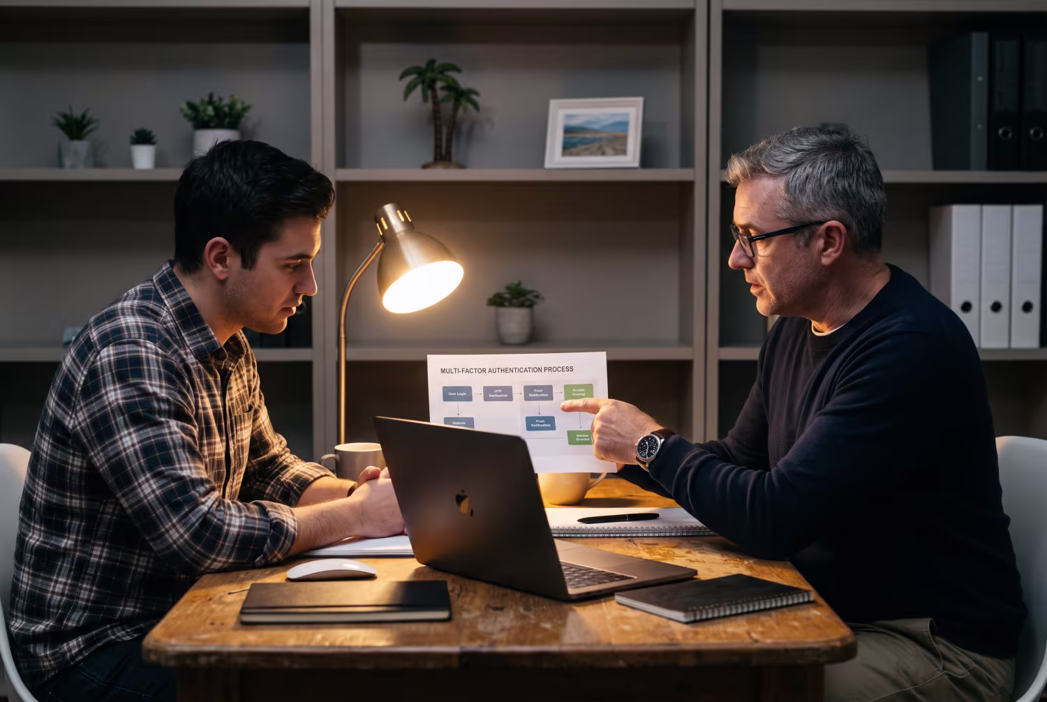 Two IT consultants discussing multi-factor authentication diagram in office