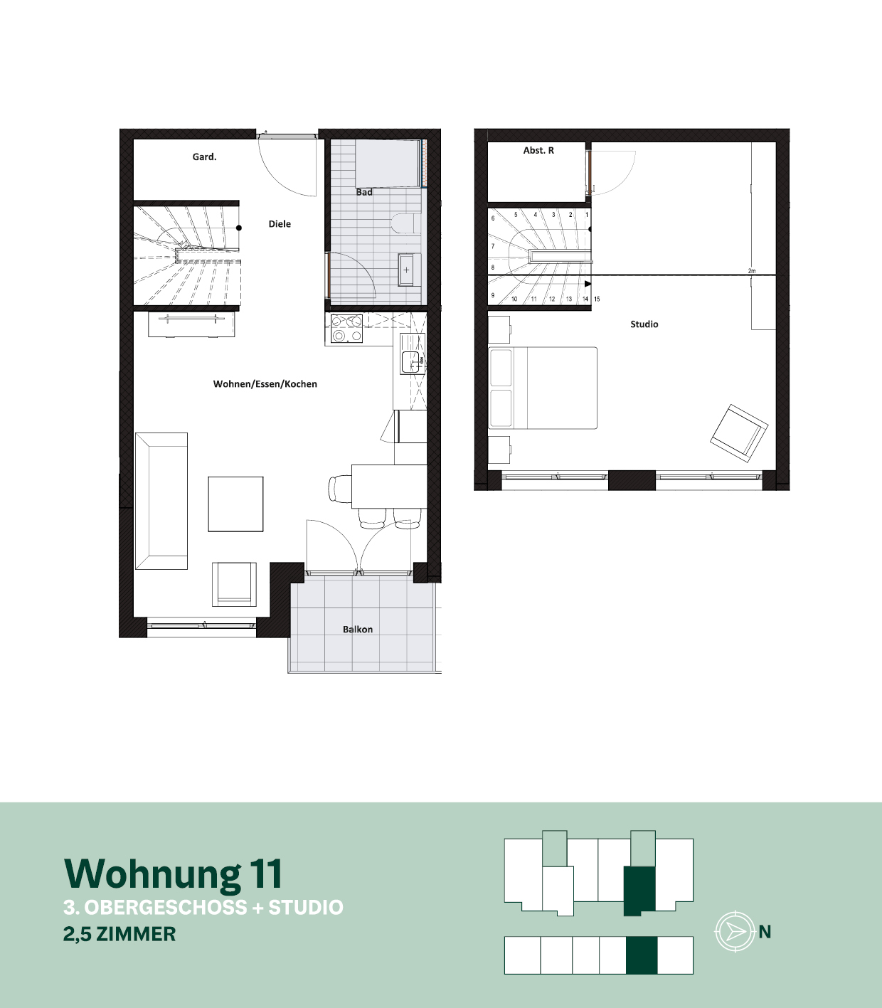 Grundriss Wohnung 11 – 3. Obergeschoss + Studio