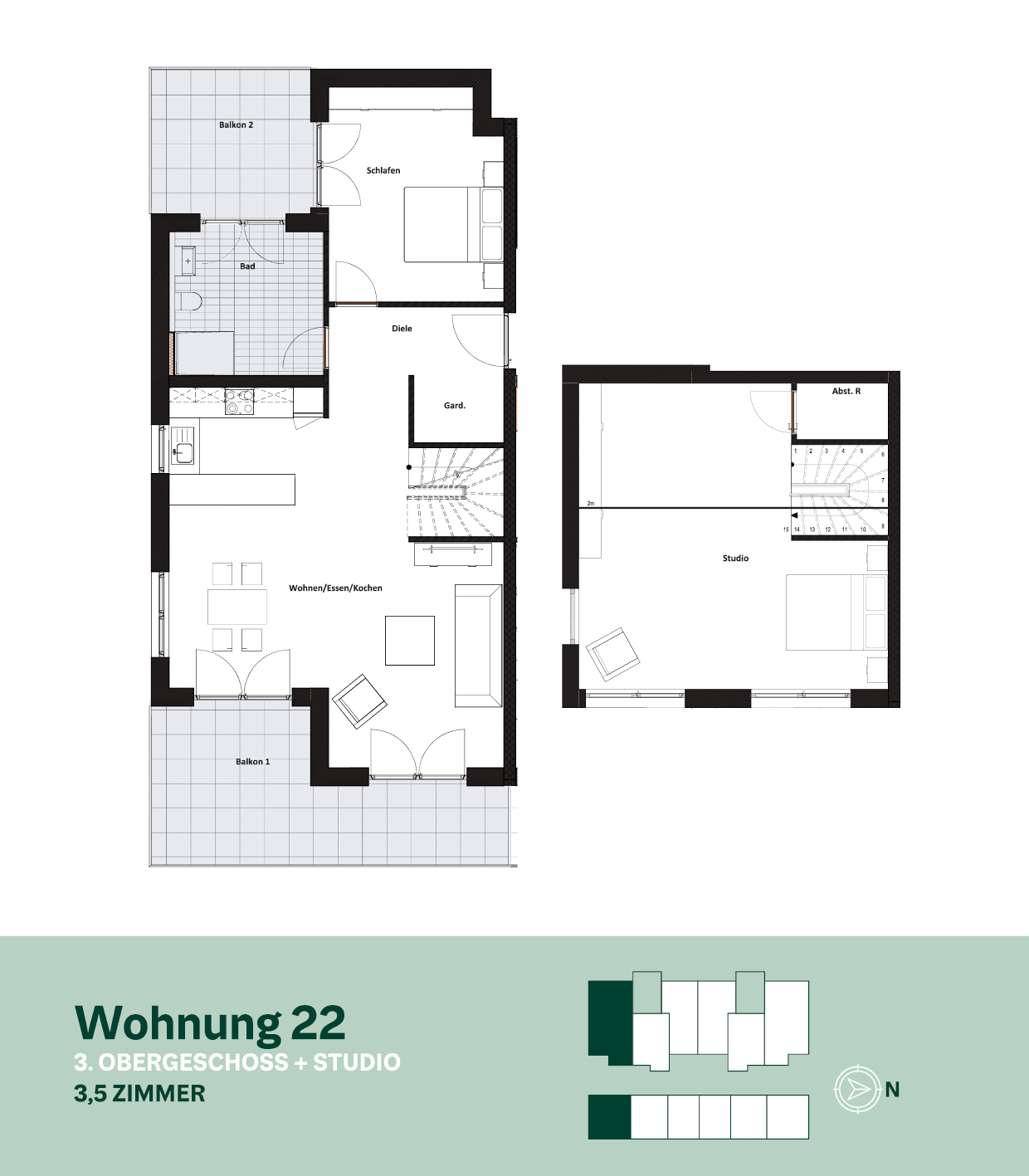 Grundriss Wohnung 22 – 3. Obergeschoss + Studio