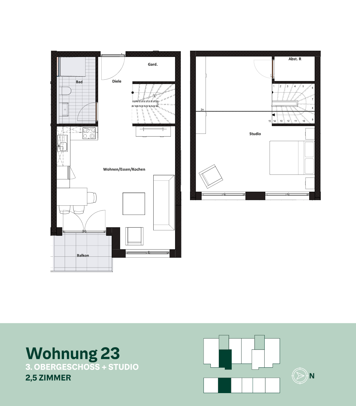 Grundriss Wohnung 23 – 3. Obergeschoss + Studio