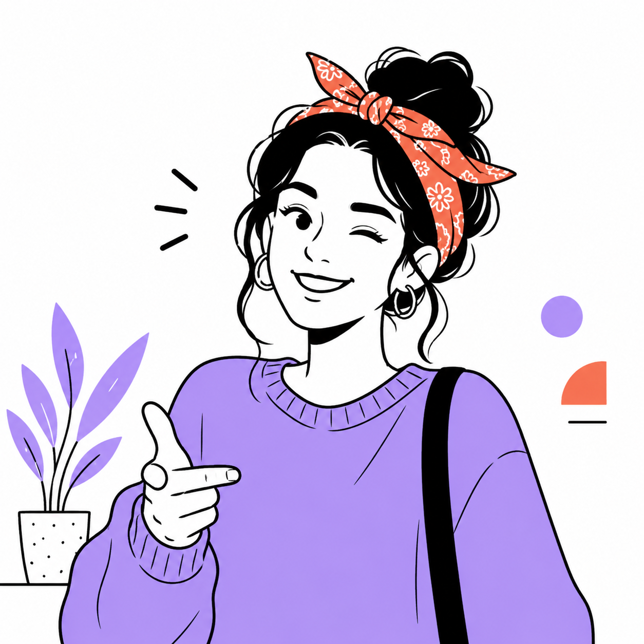 Jeune femme souriante avec un bandeau orange et un pull violet fait un geste de doigt pointant tout en clignant de l'œil. (AI)