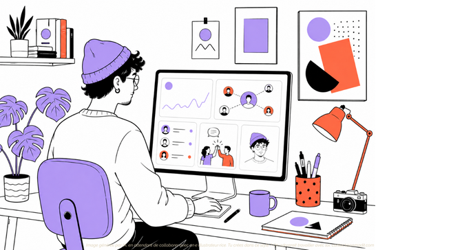 Person wearing a purple hat works on a computer with colorful charts and team icons in a desk setup. (AI)