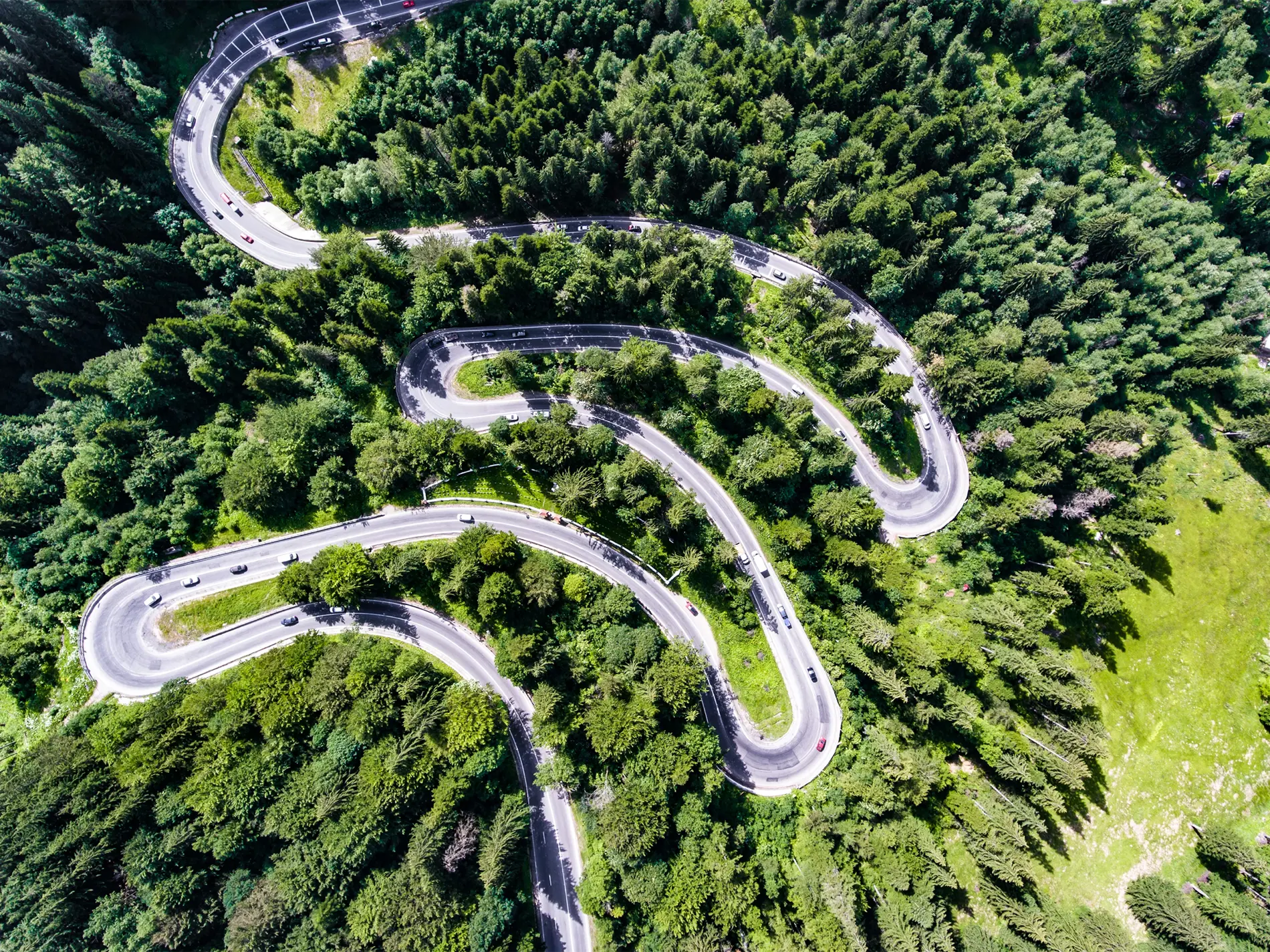 Luftaufnahme einer kurvenreichen Straße, die sich durch einen dichten grünen Wald schlängelt.