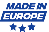 'MADE IN EUROPE' text with three stars underneath in blue and white.