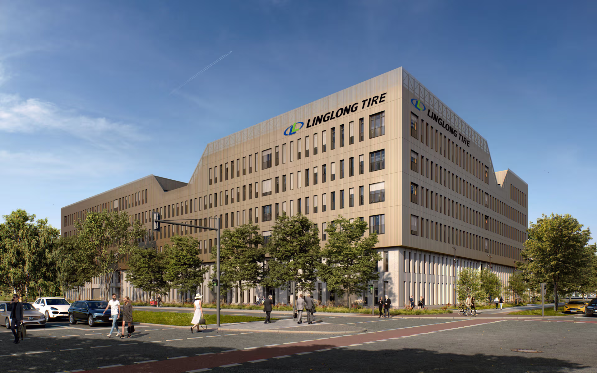 Modern Bürogebäude von Linglong Tire mit mehreren Stockwerken und Personen auf Gehwegen bei blauem Himmel.