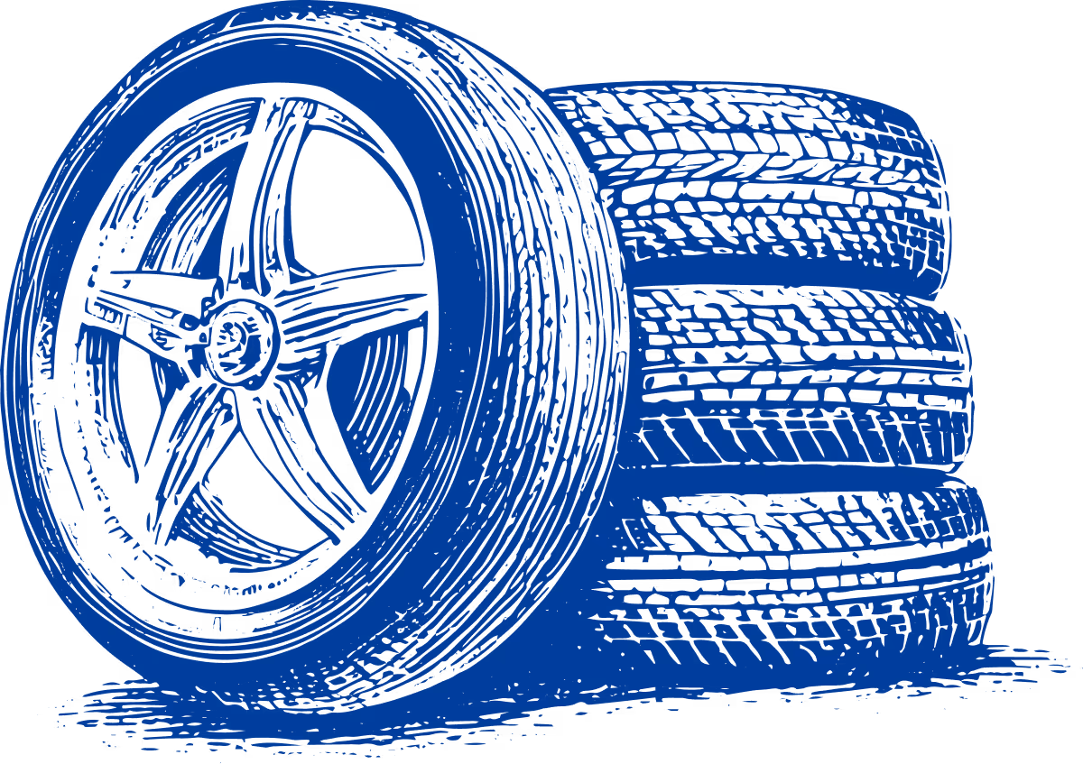 Drei Autoreifen, von denen einer mit Felge steht, blau gezeichnet.