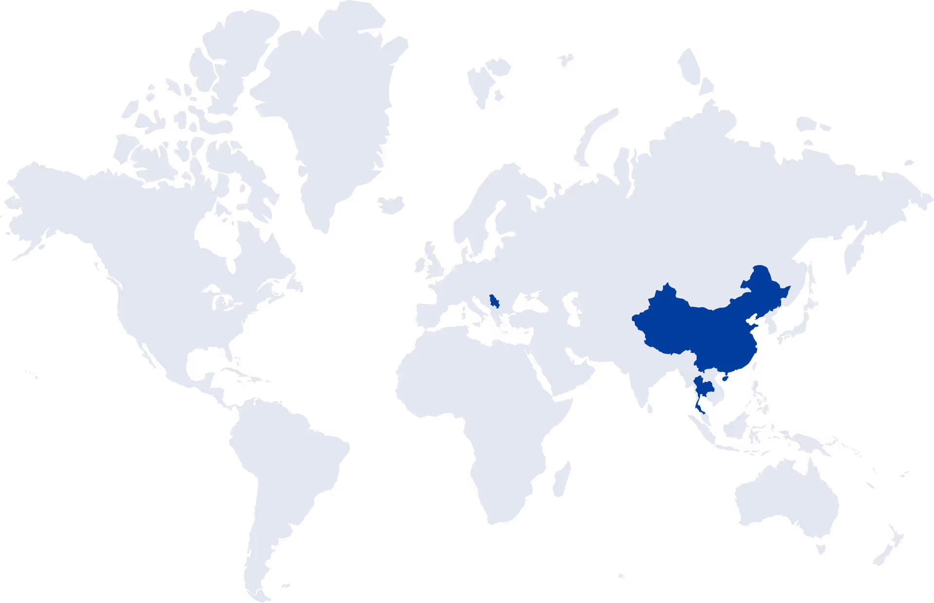 Weltkarte mit China, Thailand und Kroatien in Blau hervorgehoben.
