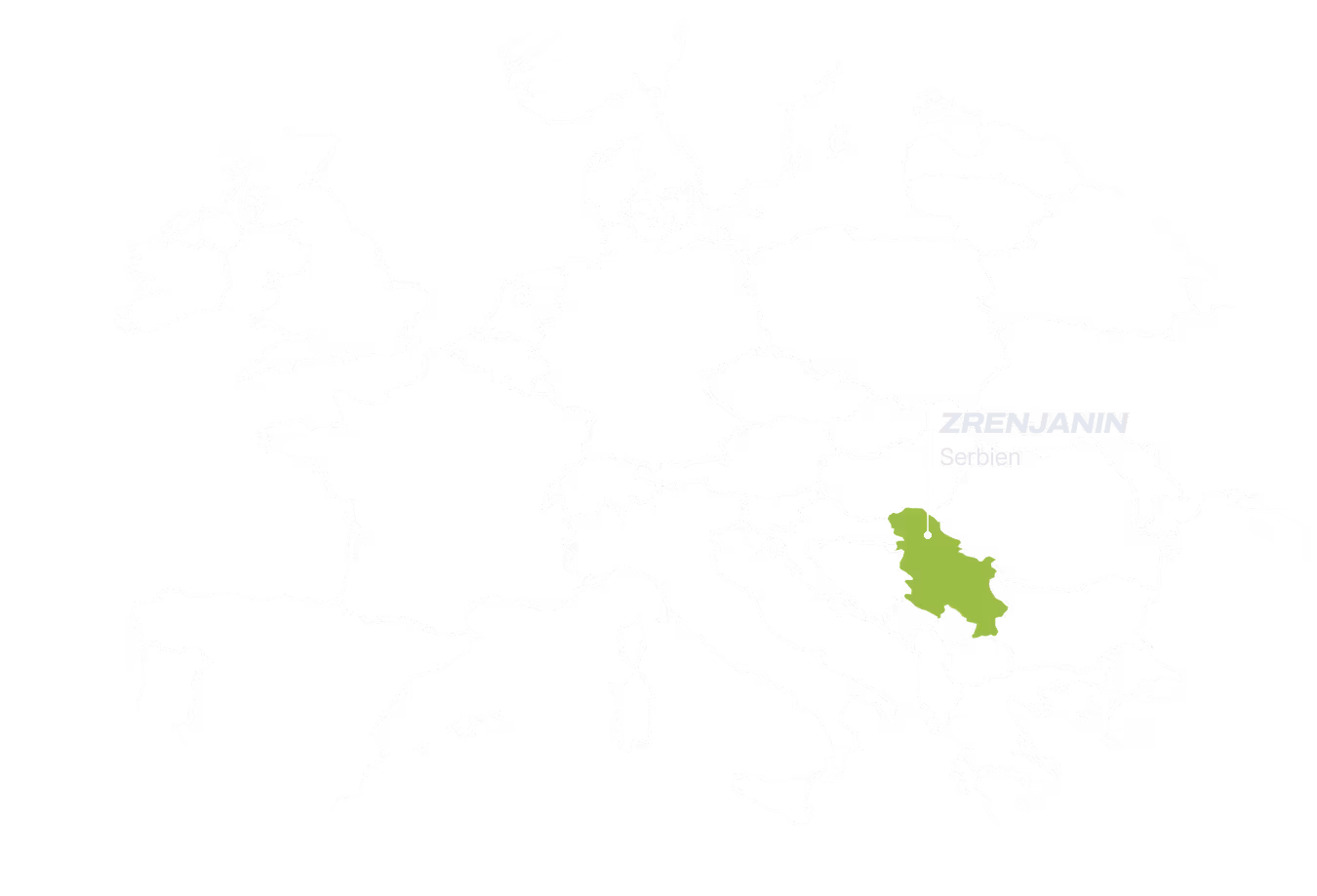 Europa Karte mit Serbien in grün hervorgehoben und dem Hinweis auf Zrenjanin.