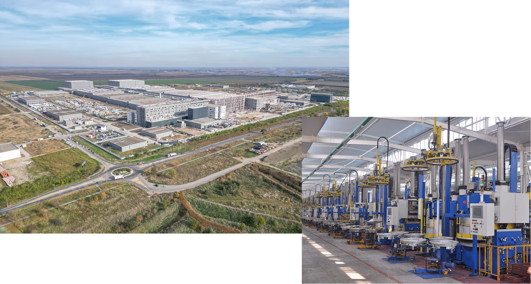 Luftaufnahme einer großen Industrieanlage mit Feldern dahinter und eine Reihe automatisierter Maschinen in einer Fabrikhalle.