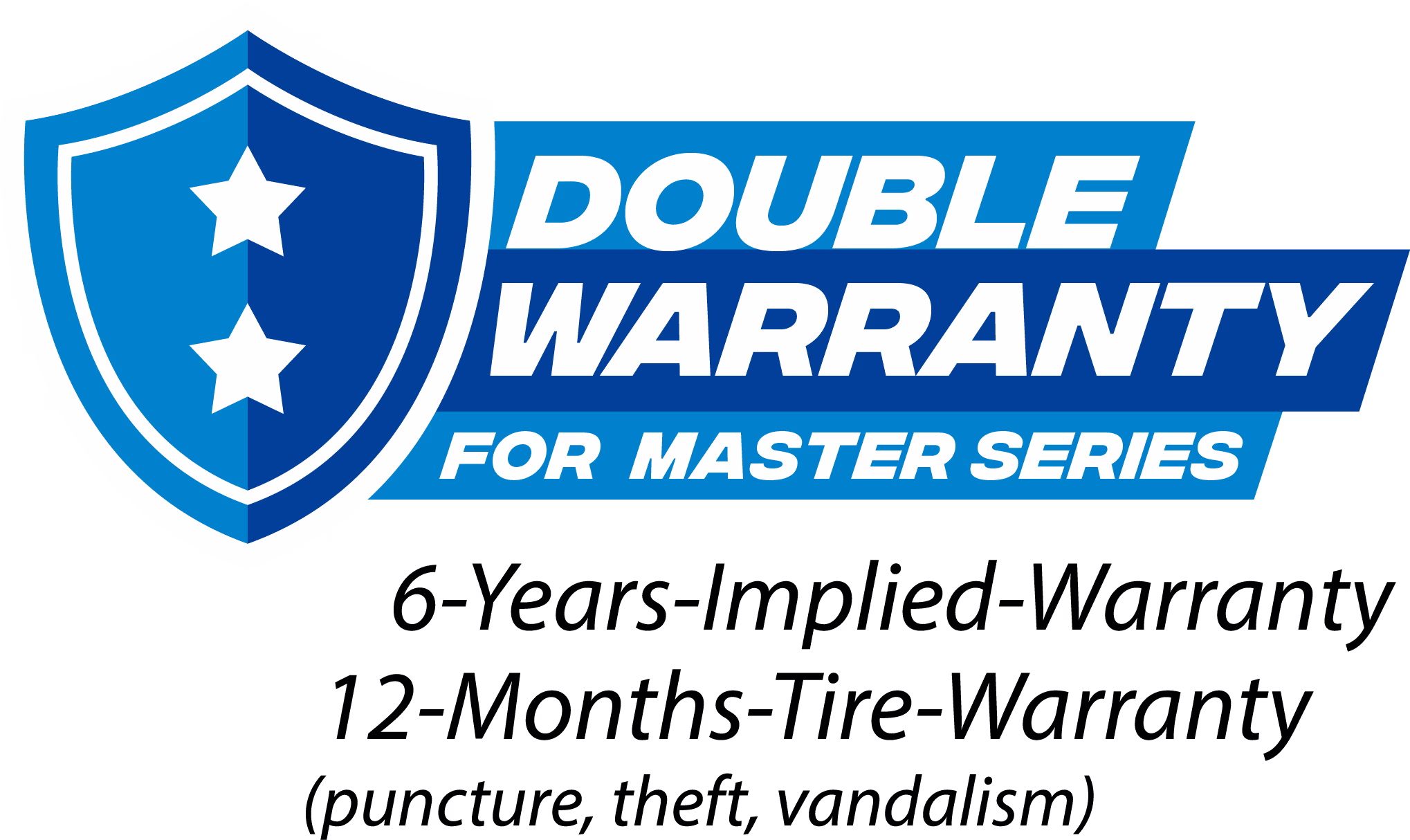 Blue shield with two white stars on the left, text in white on a blue background on the right: Double guarantee for the Master series.