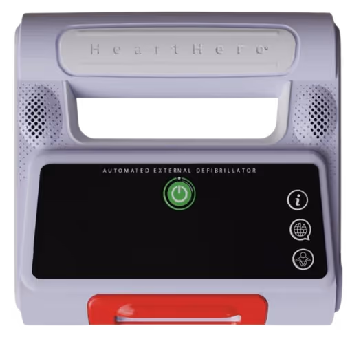 HeartHero automated external defibrillator with power button and information icons on the display panel.