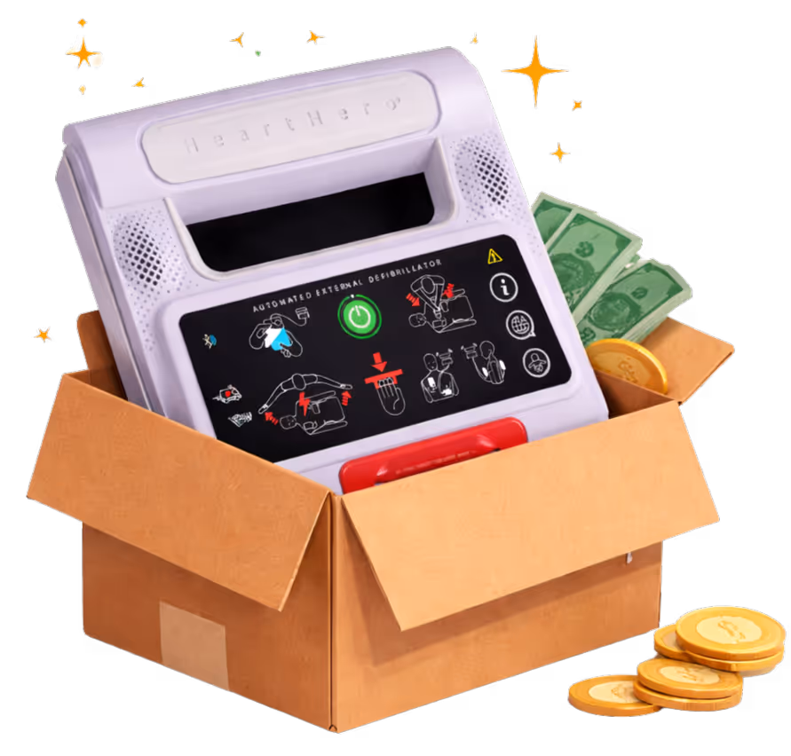 Automated external defibrillator inside a cardboard box with dollar bills and gold coins around it.