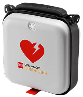 Portable AED device with open red lid, featuring instructional icons and green On and orange Shock buttons.