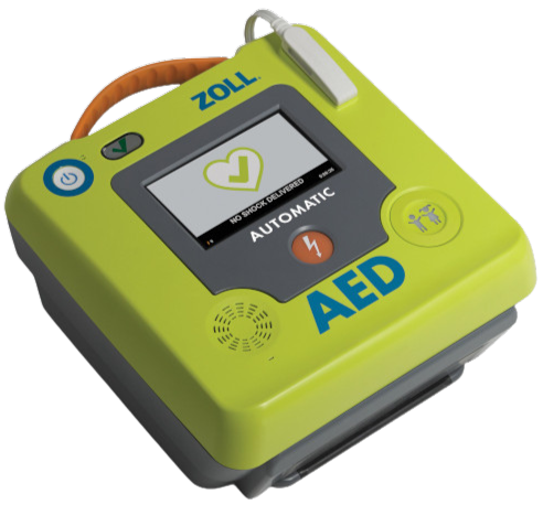 SCHILLER FRED easyport plus automated external defibrillator displaying CPR instructions on screen.