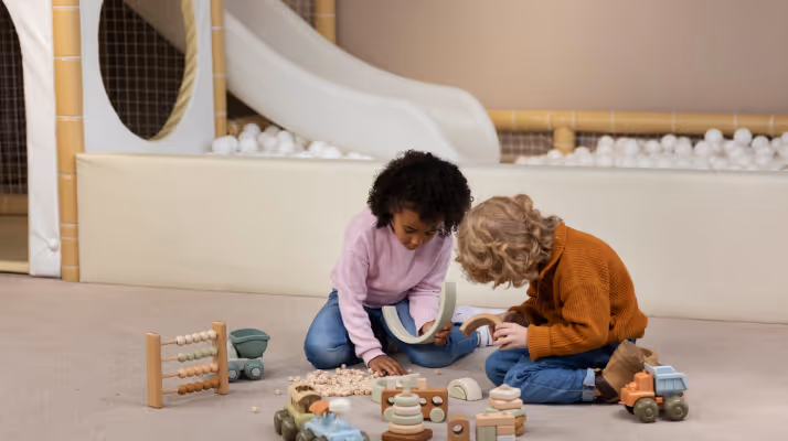 Two children sitting on the floor playing with wooden toys near a ball pit and slide.