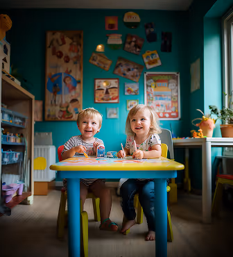 Two smiling young children sitting at a colorful table in a bright playroom with toys and artwork on the walls.