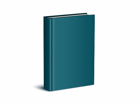 Closed teal hardcover book standing upright casting a shadow to the left.