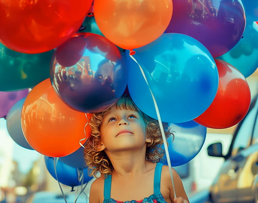 Young child with curly hair looking up while holding colorful balloons on a street with cars in the background.