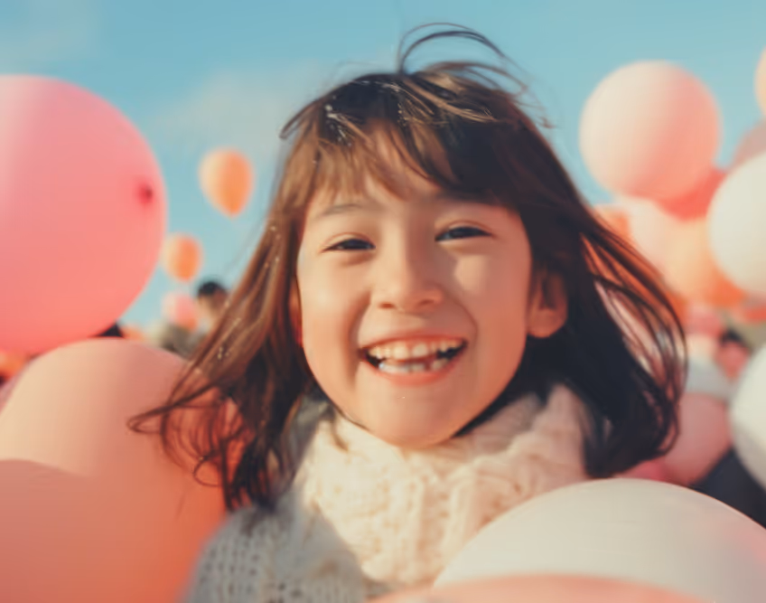 Smiling young girl surrounded by pink and peach balloons against a blue sky.