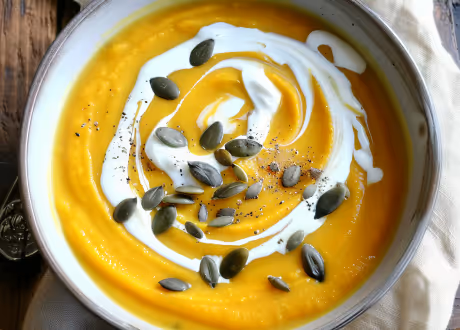 Bowl of creamy orange pumpkin soup garnished with a swirl of white cream and sprinkled with pumpkin seeds and black pepper.