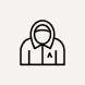 Icon of a scientist wearing a protective lab coat and hood with a chemical flask emblem.