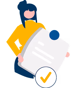 Illustration of a person holding a large document with a checkmark symbol in front.