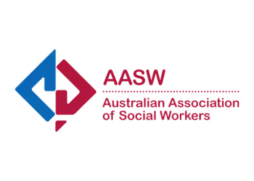 Logo of the Australian Association of Social Workers with blue and maroon geometric shapes and text.