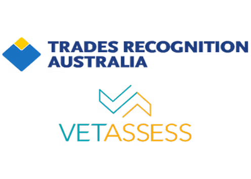 Trades Recognition Australia logo above VETASSESS logo with checkmark icons.