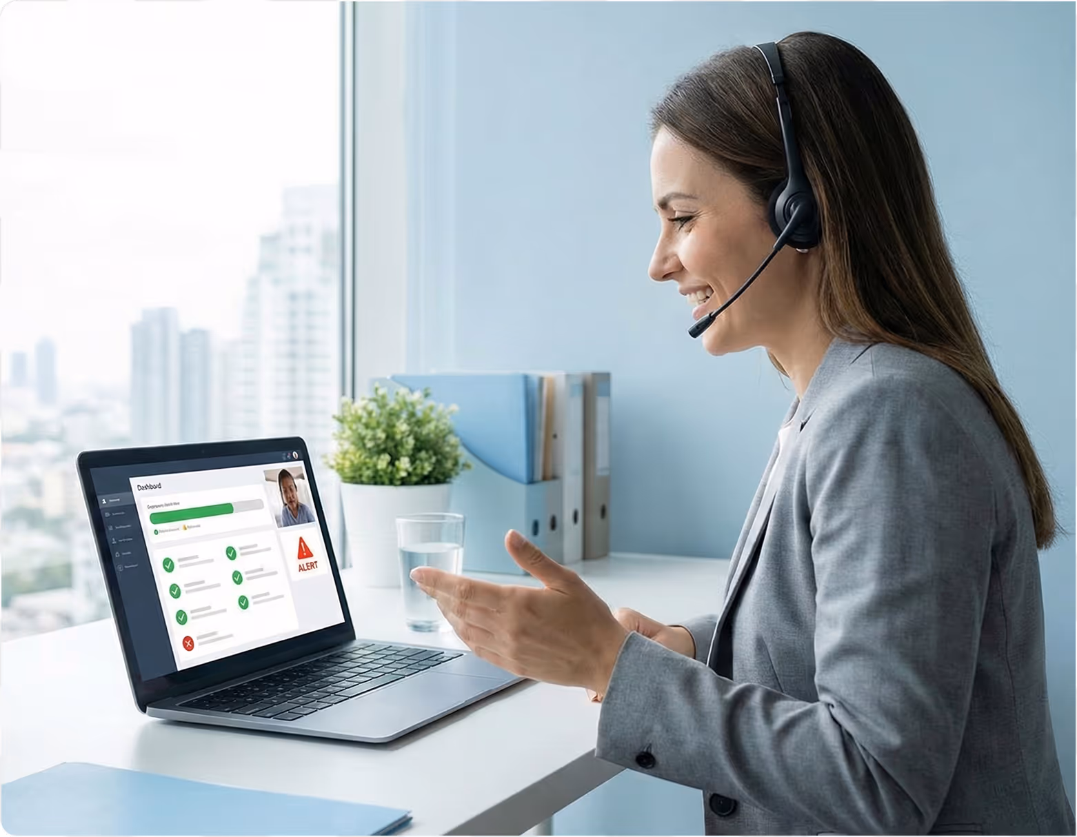 Businesswoman wearing headset engaged in a video call on a laptop in a bright office.