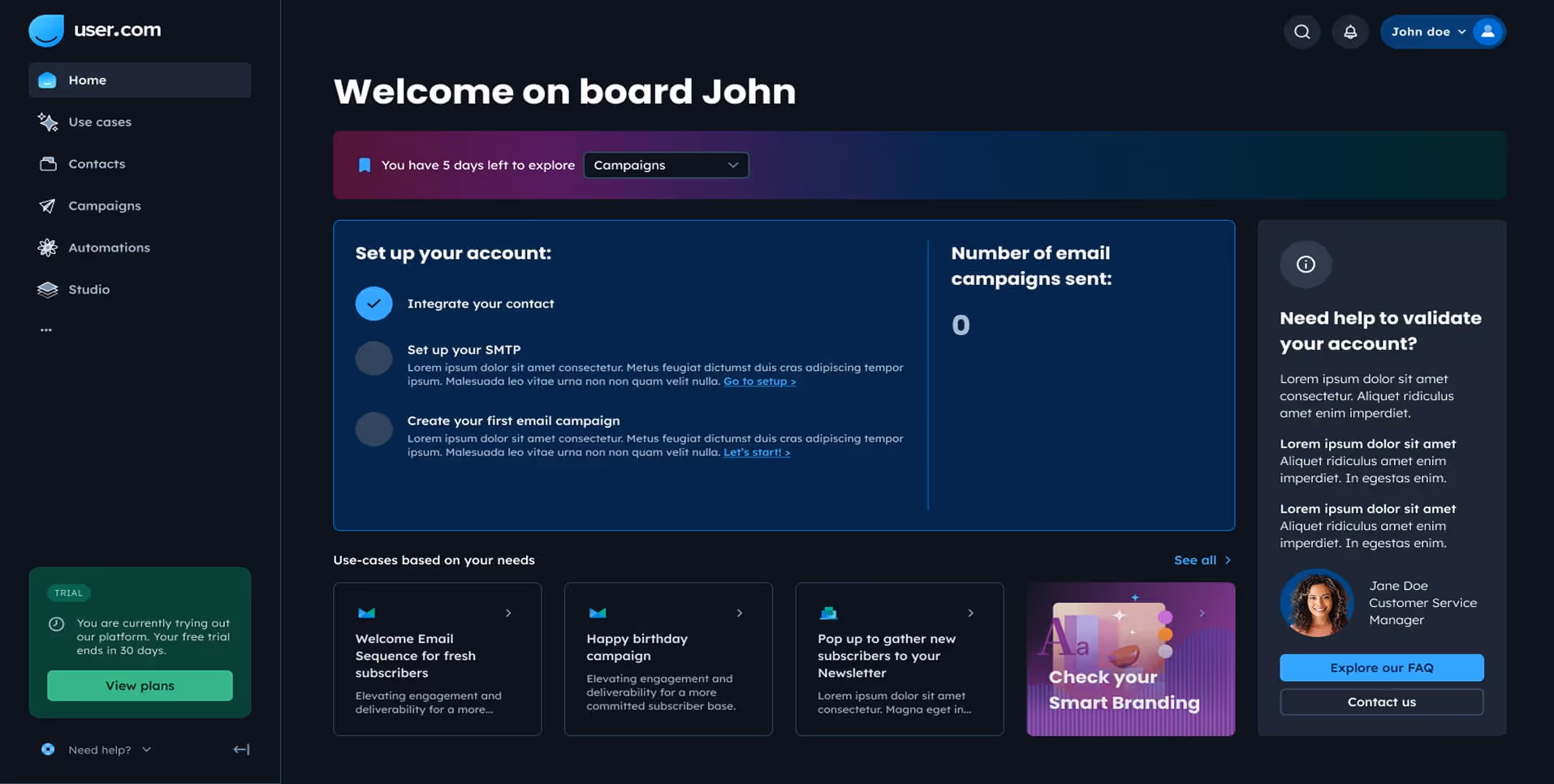 User.com dashboard interface welcoming John, showing account setup progress, email campaigns sent, use cases, and customer support info.