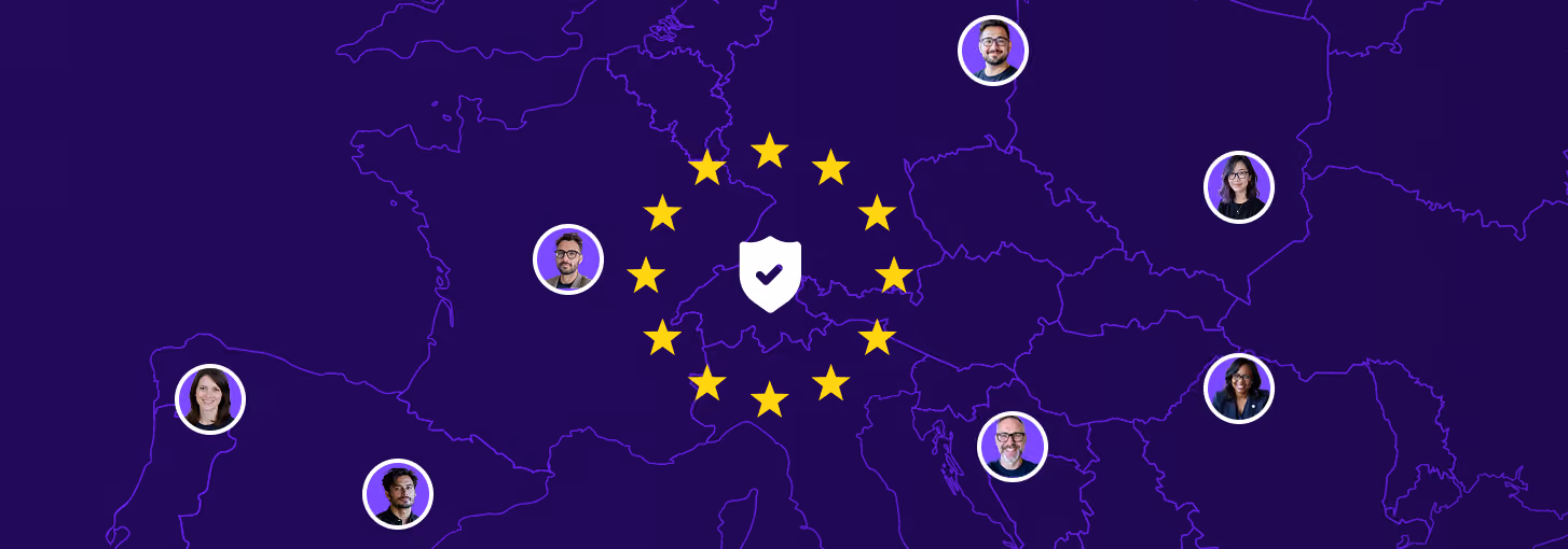 Map of Europe with yellow stars forming a circle around a shield with a checkmark, surrounded by circular photos of seven diverse people.