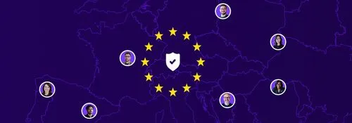 Map of Europe with yellow stars forming a circle around a shield with a checkmark, surrounded by circular photos of seven diverse people.