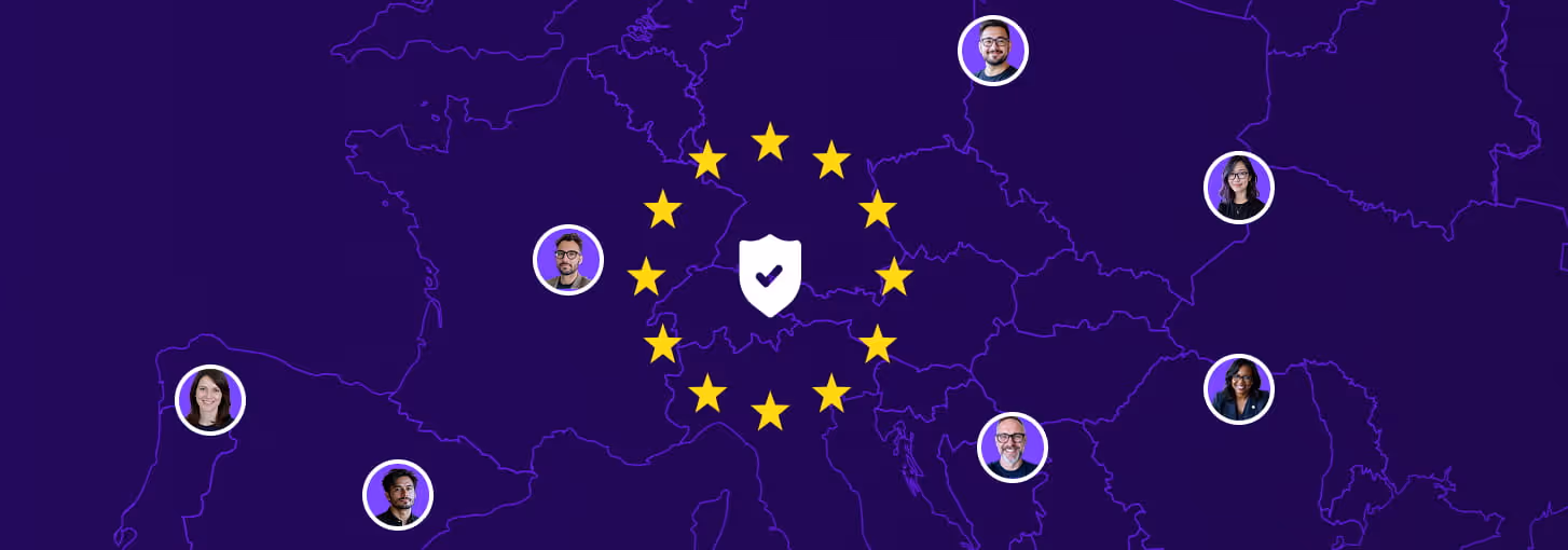 Map of Europe with yellow stars forming a circle around a shield with a checkmark, surrounded by circular photos of seven diverse people.