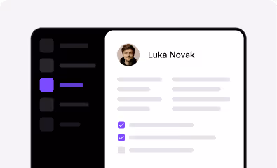 User profile page showing Luka Novak's photo and name, with a sidebar menu and checklist items.